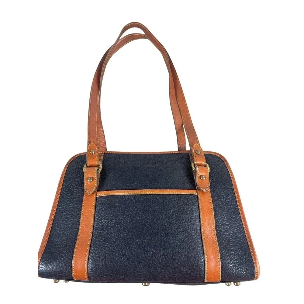 Dooney & Bourke AWL Navy Brown Pebbled Leather Top Handle Satchel Purse Bag 90s